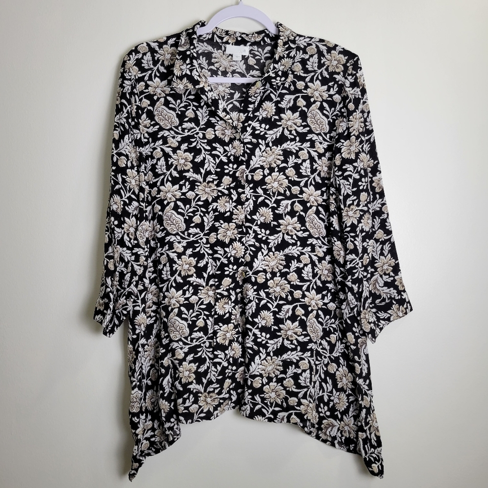 J.Jill Floral Artsy 3/4 Sleeves Asymmetrical Hem Blouse Top M